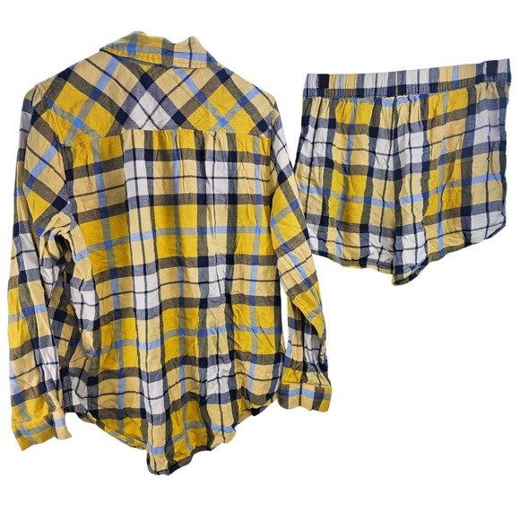 Aerie Plaid Pajama Set Button Up Shirt & Shorts Yellow Blue M Top S Shorts - Picture 2 of 12
